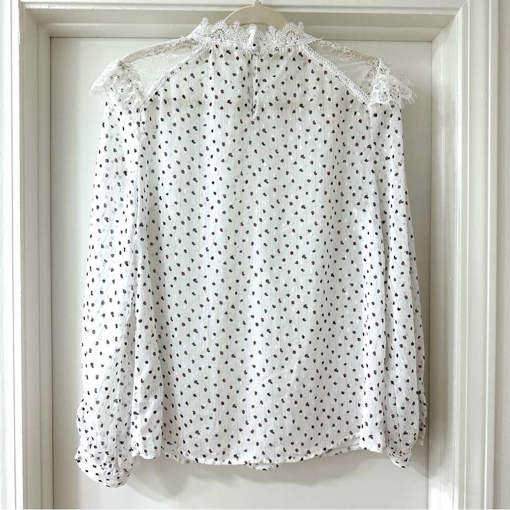 Promesa White Lace Victorian Style Blouse w/ Black & Red Polka Dots, Size Medium - Picture 9 of 10